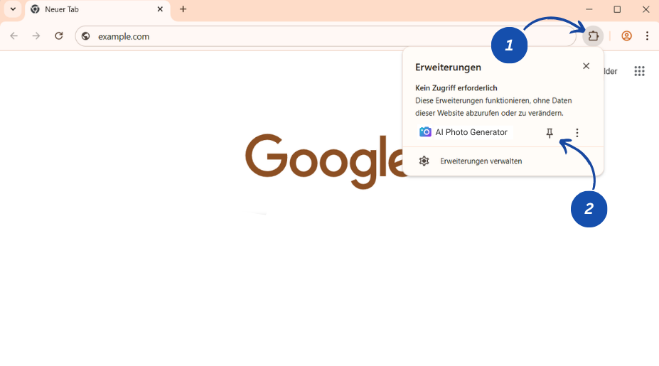 Screenshot showing how to pin the AI Photo Generator extension in Chrome.